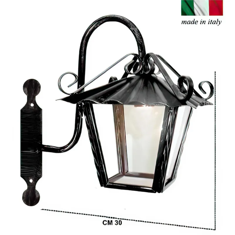 Lanterna con Braccio In ferro Battuto 20x20xh 30 cm - Attacco Lampada E 27 interno esterno con vetri e impianto colore nero Sessa Ferro Battuto Promozione