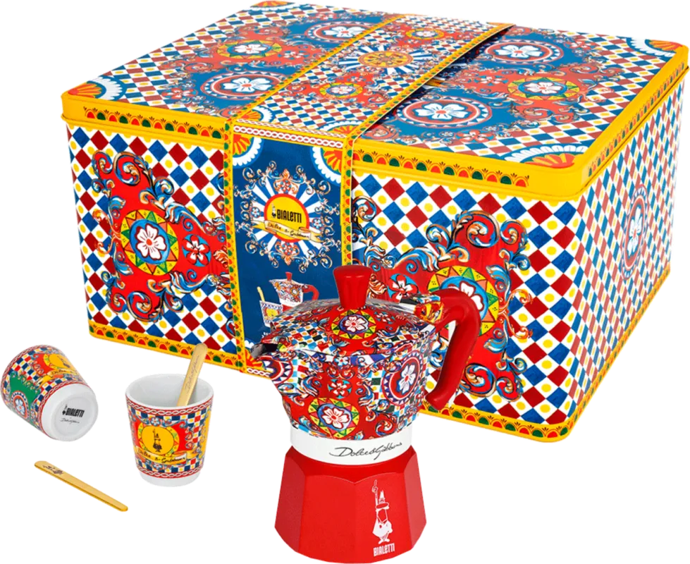 Dolce&Gabbana - Carretto Siciliano - Set Moka Express 2 Tazzine + 2 Bicchierini e 2 Palettine Dorate Prezzo Scontato