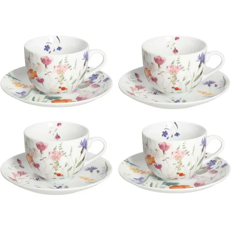Confezione 4 tazze cappuccino con piatto Flora Porcellana Bianco Prezzo Scontato