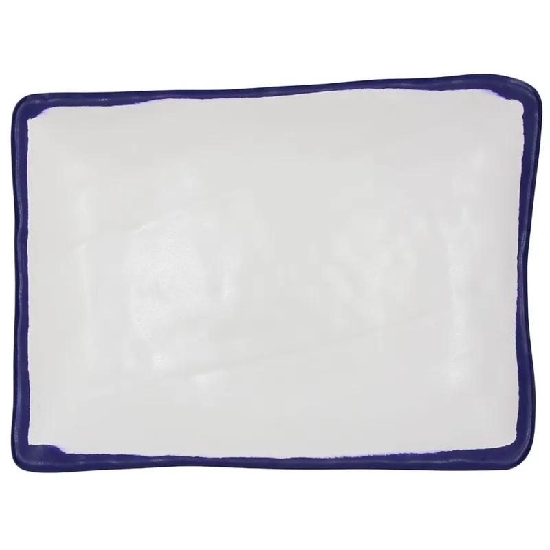 Piatto rettangolare 40 cm White and Blue Rim Melamina Bianco Pagamento Sicuro
