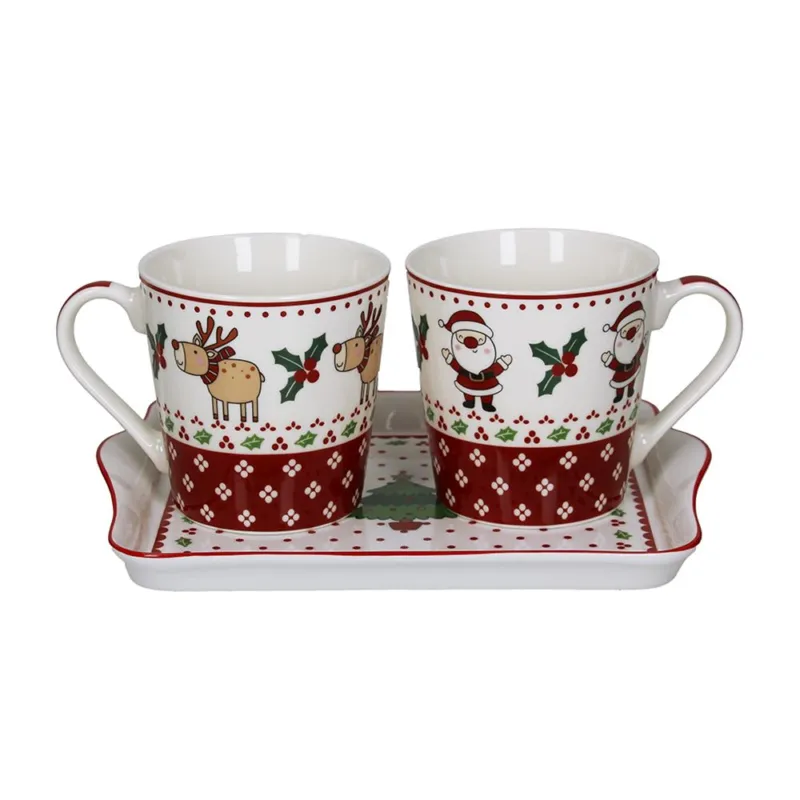 Set 2 Mug con vassoio 330 cc Happy Santa New Bone China Multicolor Pagamento Sicuro