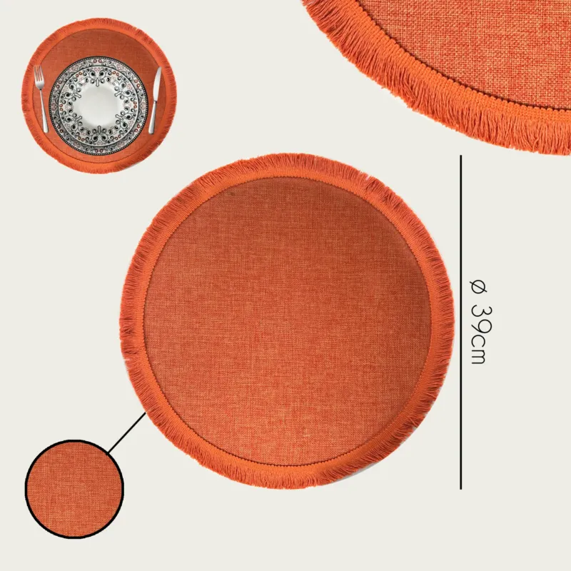 Nuovo Arrivo Tovaglietta Tonda Con Frangia Ø 39 cm Poliestere,set-6-tovagliette-piu-conveniente-arancione