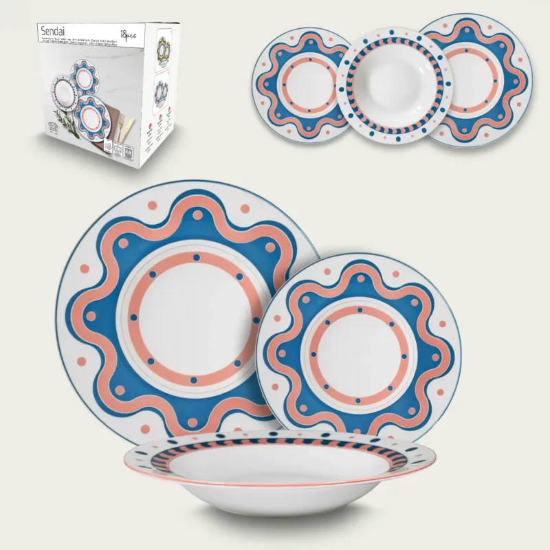 Non Perdere Set 18 Piatti Memphis In Porcellana,blu