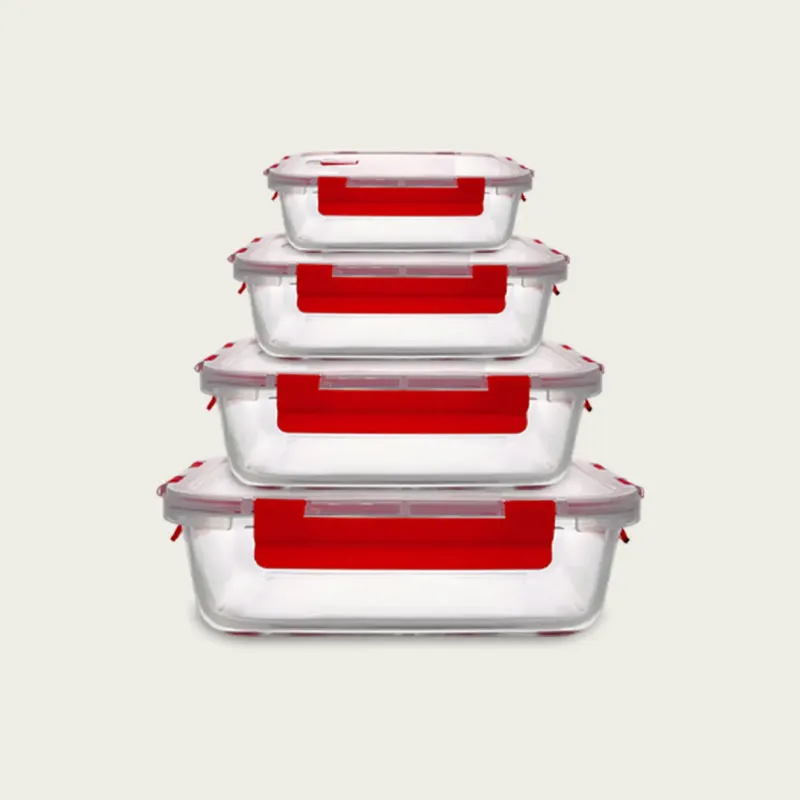 Set 4 Contenitori Rettangolari Click-Clack In Vetro,rosso Direttamente Dal Produttore