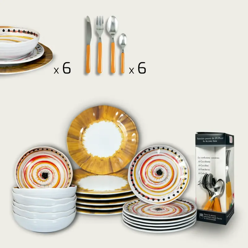 Più Venduto Set 18 Piatti Spirale Rosso In Melamina e Set 24 Posate Linea Colorando