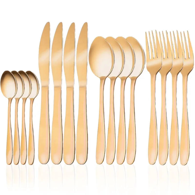 Vendita Finale Set 16 Posate Pezzi Colore Oro Acciaio Inossidabile Elegante Tavola Arredamento