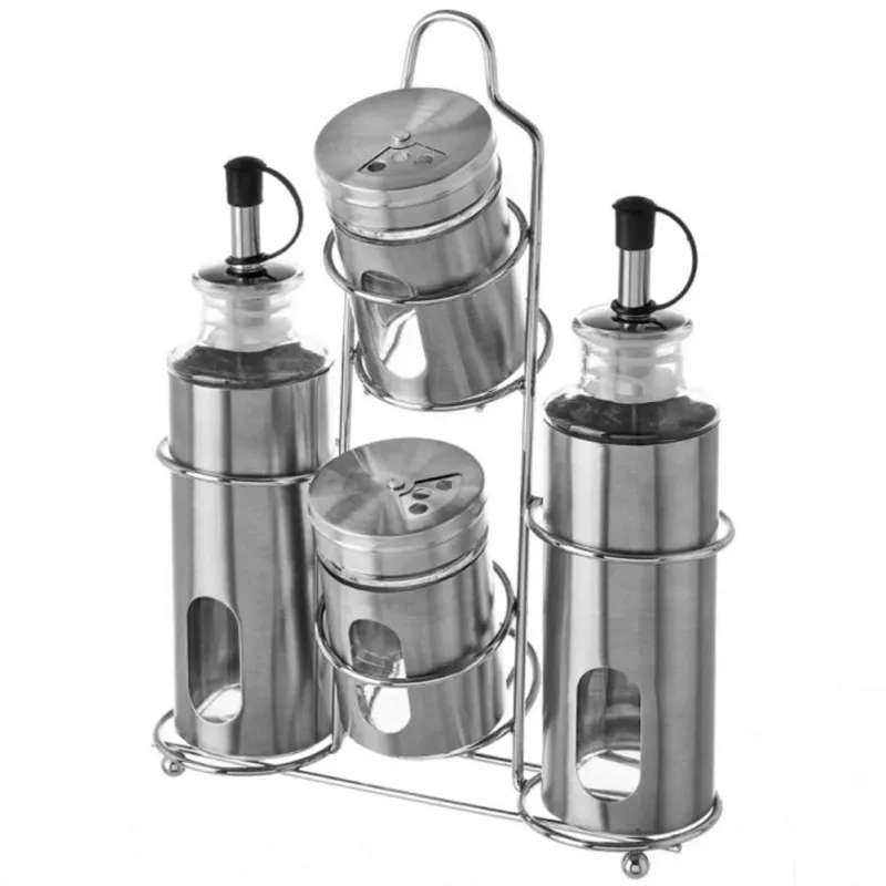 Must-Have Set Oliera 4 Pezzi Olio Aceto Sale Pepe in Acciaio Stand in Metallo Portaspezie