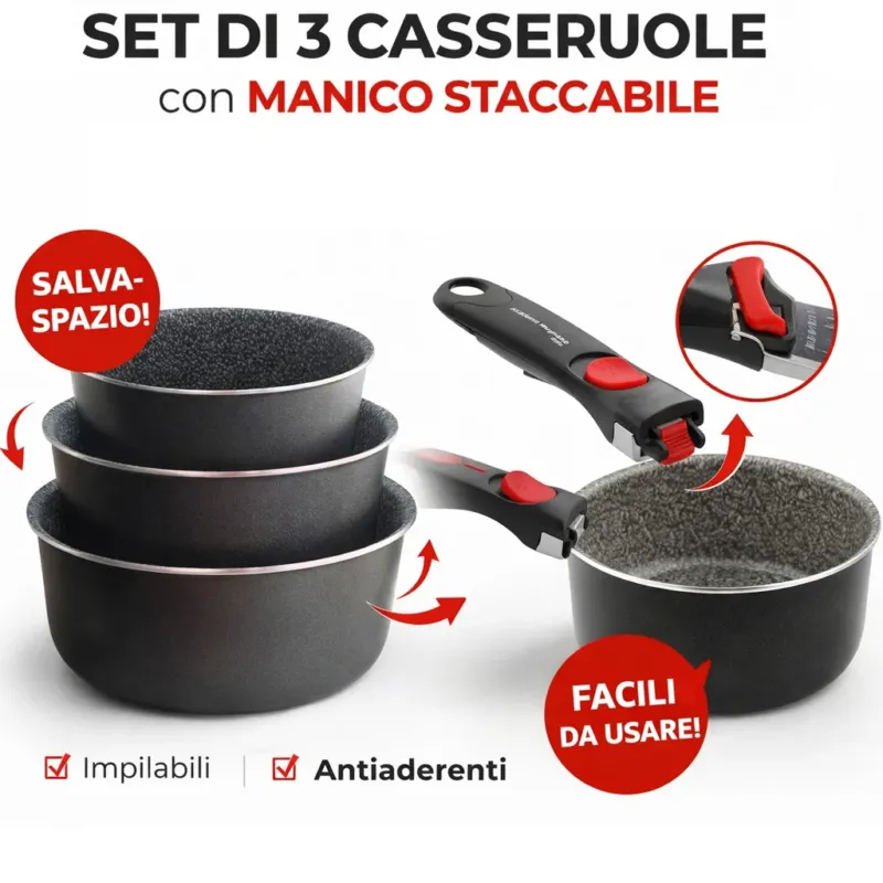 3x Casseruola 16 18 20 Amovible Accademia Mugnano Antiaderente Manico Rimovibile Affare