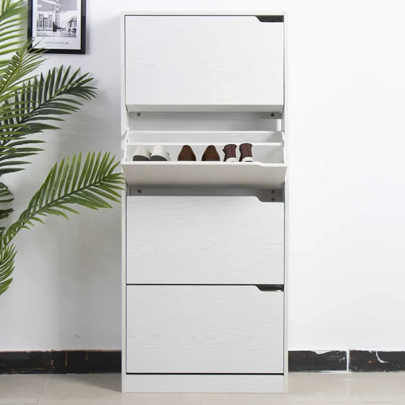Scarpiera 4 Ante Ripiani Doppia Profondita Legno MDF 63x24x150 Bianco Frassinato Non Perdere