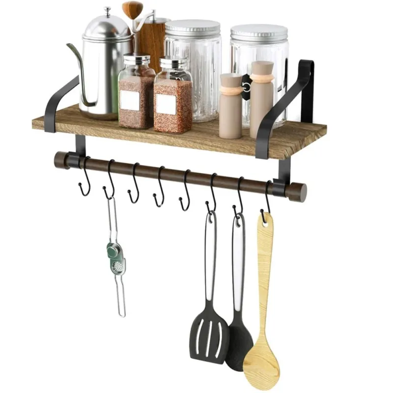 Acquista Ora Mensola da Parete Legno e Metallo Design Moderno con Asta e Ganci Bagno Cucina