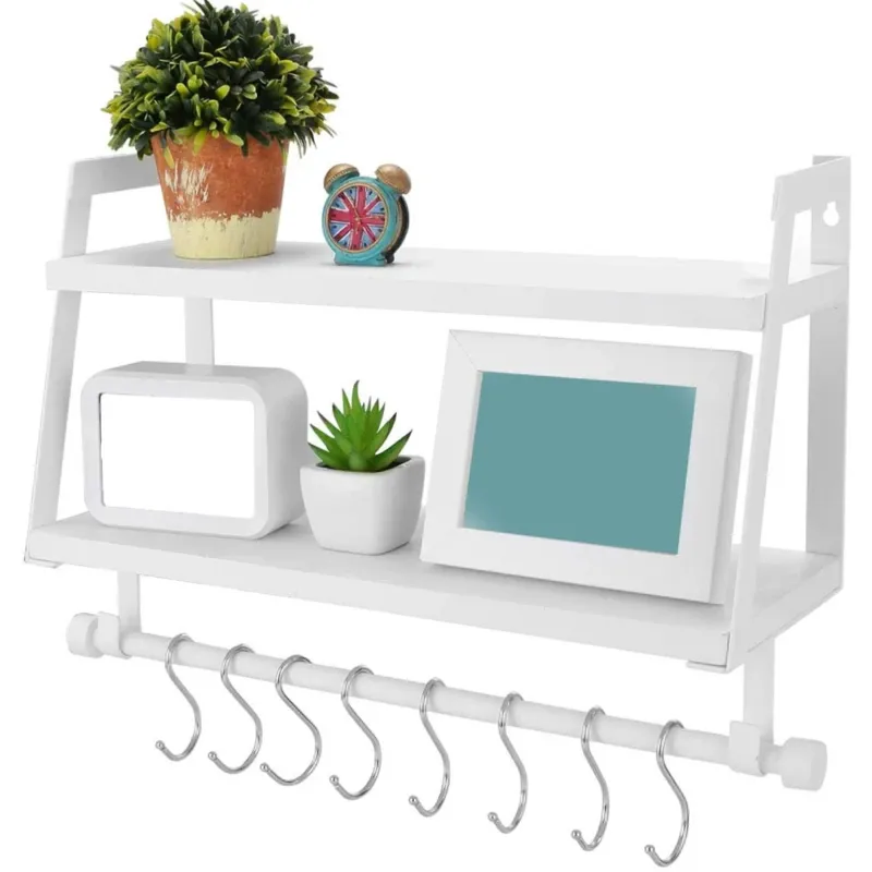 Offerta Speciale Mensola da Parete Legno e Metallo Design Moderno con Asta e Ganci Bagno Cucina