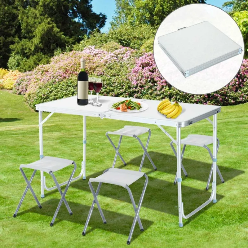 Più Venduto Tavolo Tavolino Pieghevole da Campeggio Picnic 120x60cm con 4 Sgabelli Alluminio