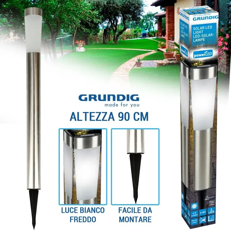 Lampada a 2 Led Energia Solare Acciaio Cromo 90 Cm Paletto Luce Giardino Grundig Vendita Finale