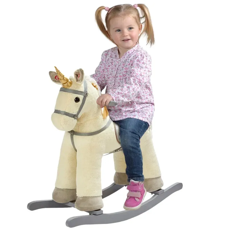 Acquista Ora Unicorno a Dondolo Cavalcabile Peluche Cavallo Giocattolo Bambini Suoni Beige