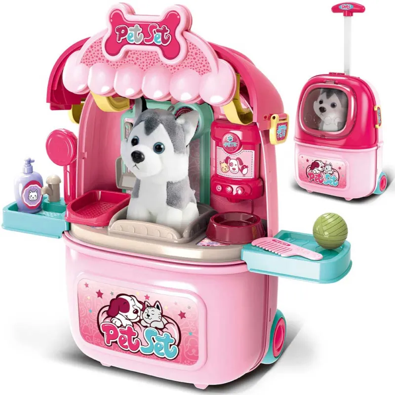 Centro Veterinario Trolley Giocattolo Cane Gioco Kit Cura Animali Accessori 2in1 Spedito Oggi