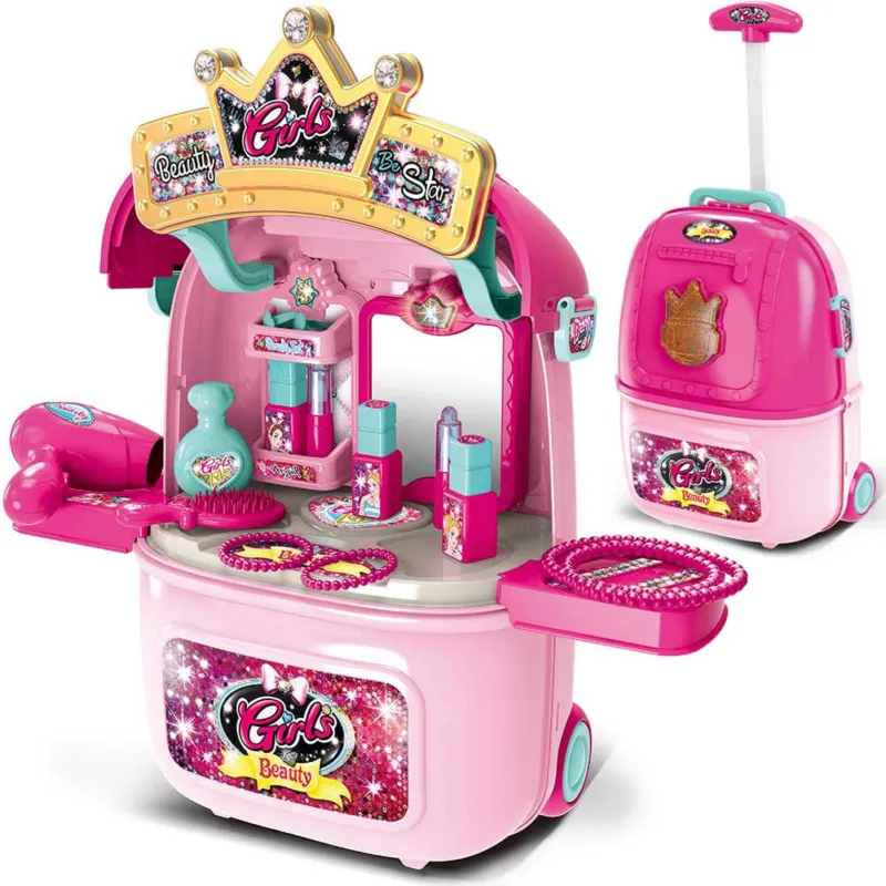 Trolley Valigia Trucchi Bambina Kit Set di Bellezza Accessori Gioco 2in1 Mobile Professionale