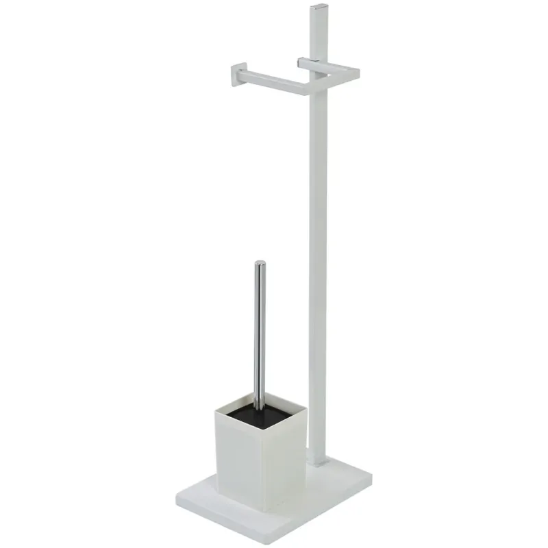 Piantana Portarotolo con Portascopino Arredo Bagno in Acciaio Base MDF Bianco Ultimissimo Modello