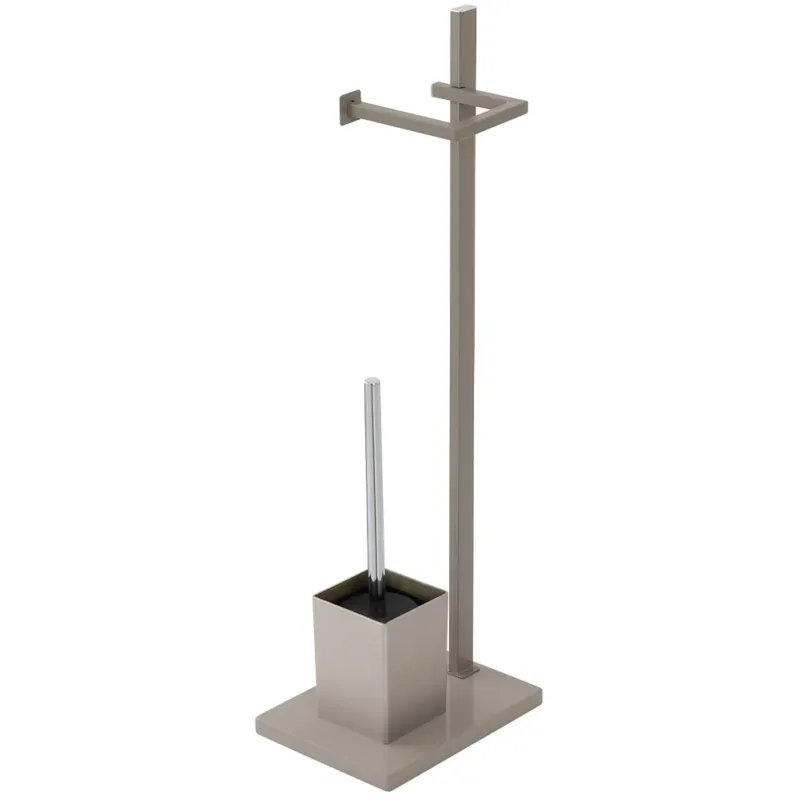 Promozione Esclusiva Piantana Portarotolo con Portascopino Arredo Bagno in Acciaio Base MDF Tortora