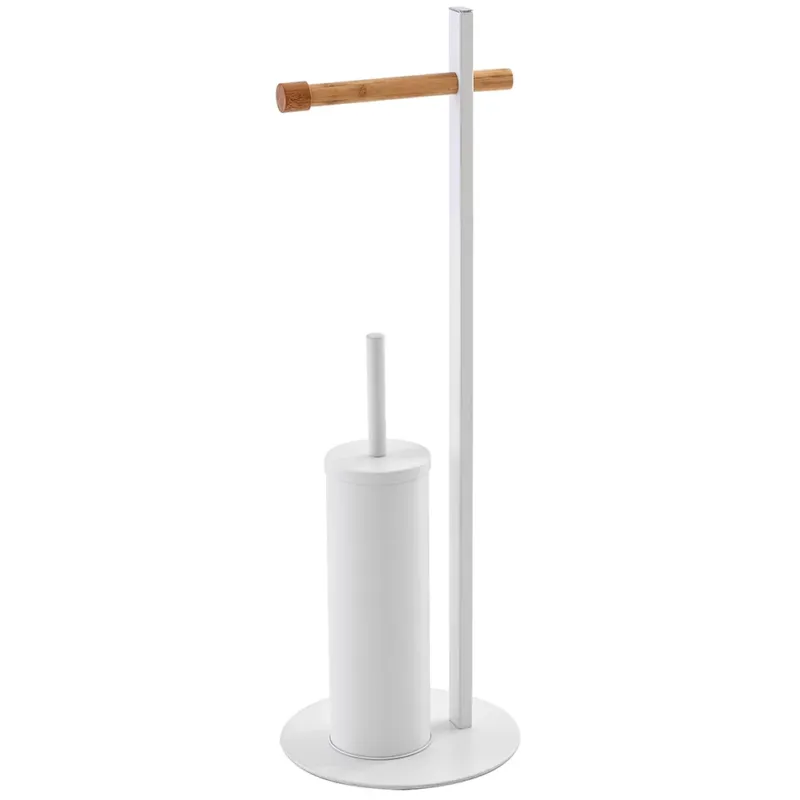 Piantana Portarotolo con Portascopino Arredo Bagno in Acciaio e Bambu‘ Bianco Promozione Esclusiva