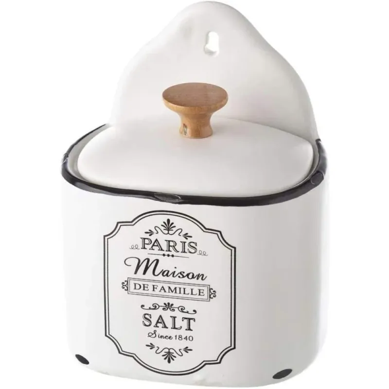 Saliera Barattolo in Ceramica Bianca con Coperchio e Gancio Foro Fissaggio Muro Consegna Rapida
