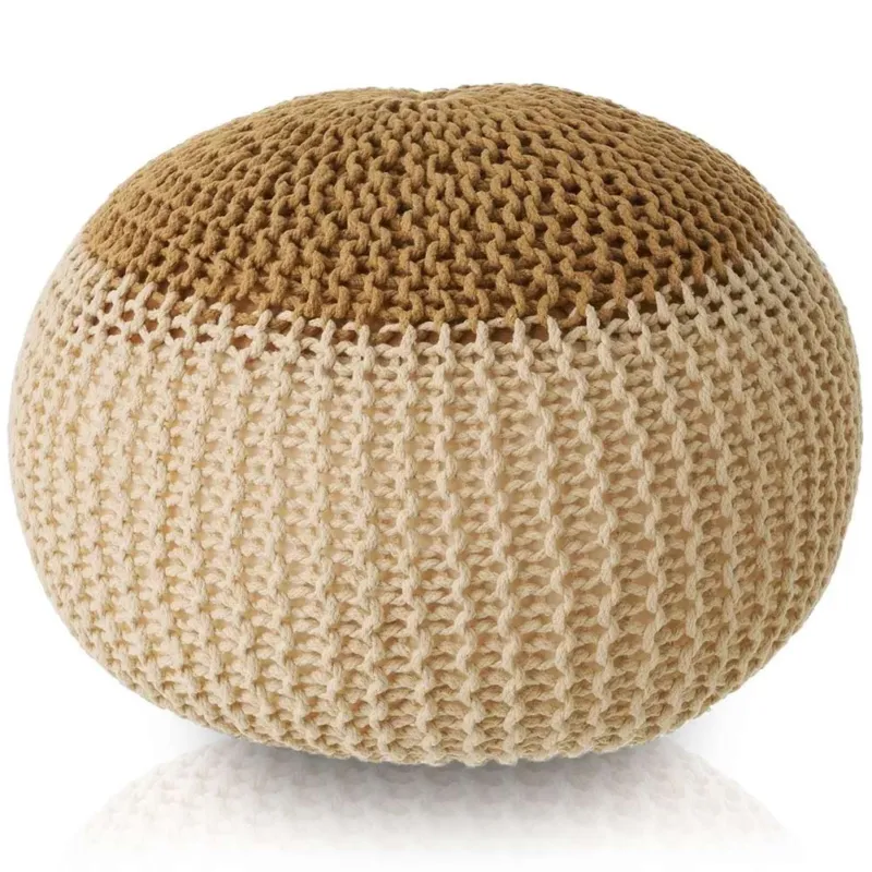 Non Perdere Pouf Poggiapiedi Tessuto a maglia Tondo Marrone e Crema Fodera Rimovibile 45 cm