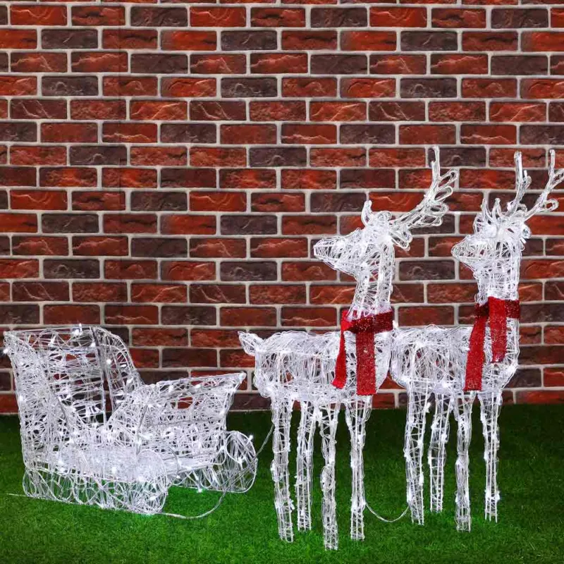 Spedito Oggi Slitta e Renne Natalizie 3D Luminose 240 LED Bianco Freddo x Esterno a batterie