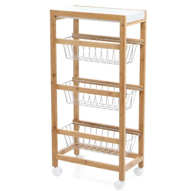 Carrello Cucina Slim Salvaspazio Legno Bambu 4 Ripiani Vassoio 3 Cestelli Ruote Più Venduto