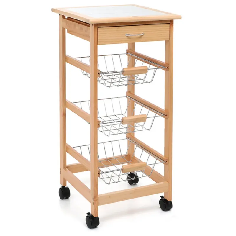 Carrello Cucina in legno 3 Cestelli Acciaio Ripiano 9 Mattonelle Ceramica Beige Subito Disponibile