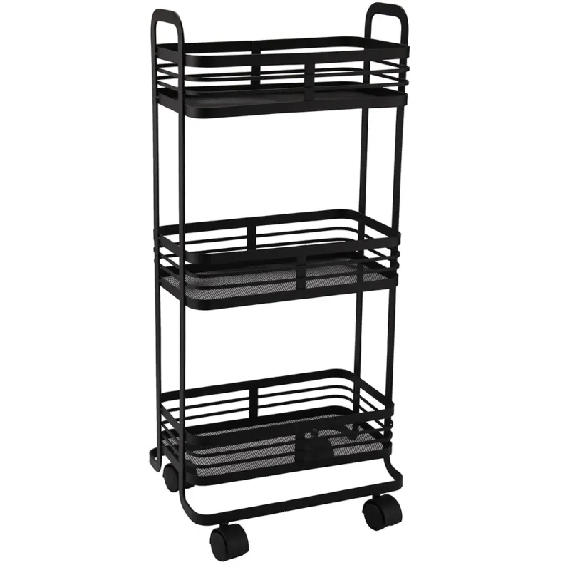 Nuova Collezione Carrello Trolley Cucina in Metallo 3 Ripiani 32x75x25cm 4 Ruote Salvaspazio Nero