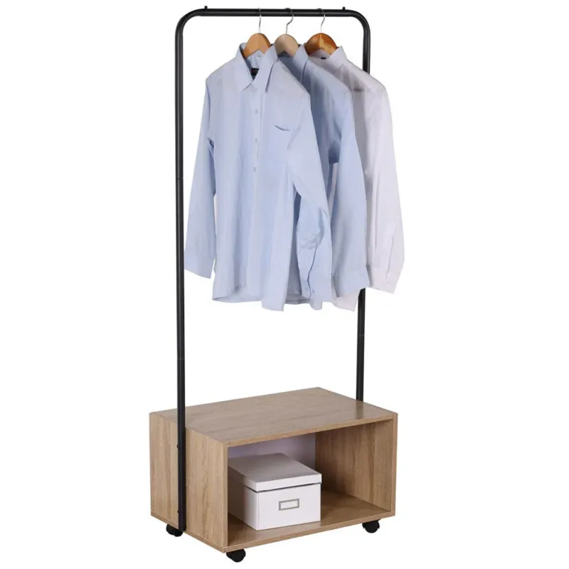 Di Tendenza Stand Appendiabiti Legno Metallo con Asta 2 Ripiani e Ruote Camera da Letto