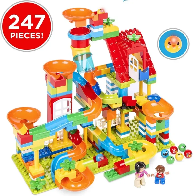 Costruzione Pista delle Biglie Giocattolo Bambini 6 Biglie Luminose 2 Personaggi Nuova Collezione