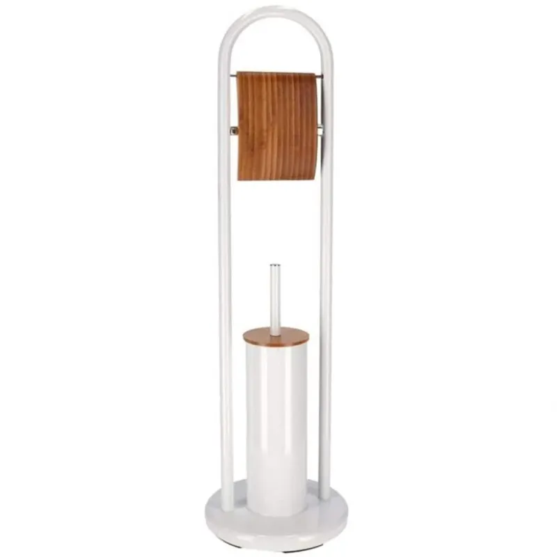 Portarotolo con Portascopino Bagno in Metallo Legno Bambu con Spazzolone Bianco Quantità Limitata