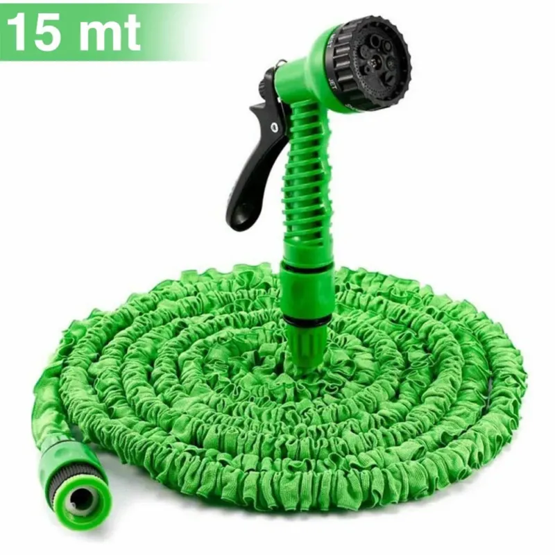 Must-Have Tubo da Giardino Estensibile Pompa Acqua Terrazzo 15mt con Pistola 7 Funzioni