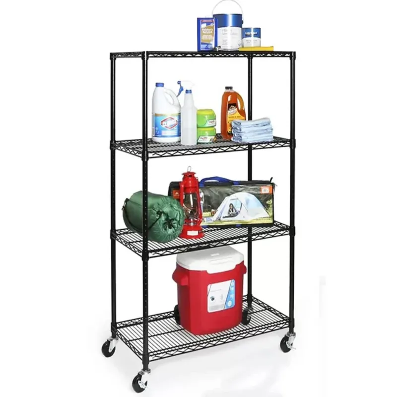 Scaffale 4 Ripiani Acciaio Mobile Libreria Multiuso 4 Ruote 90x45x180 Cromo Nero Popolare