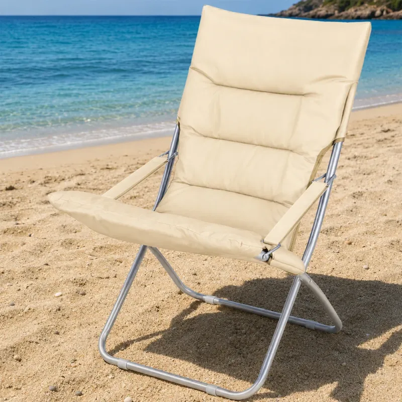 Spiaggina Sedia Canapone In Acciaio Tessuto Imbottito Pieghevole Relax Beige A Buon Prezzo