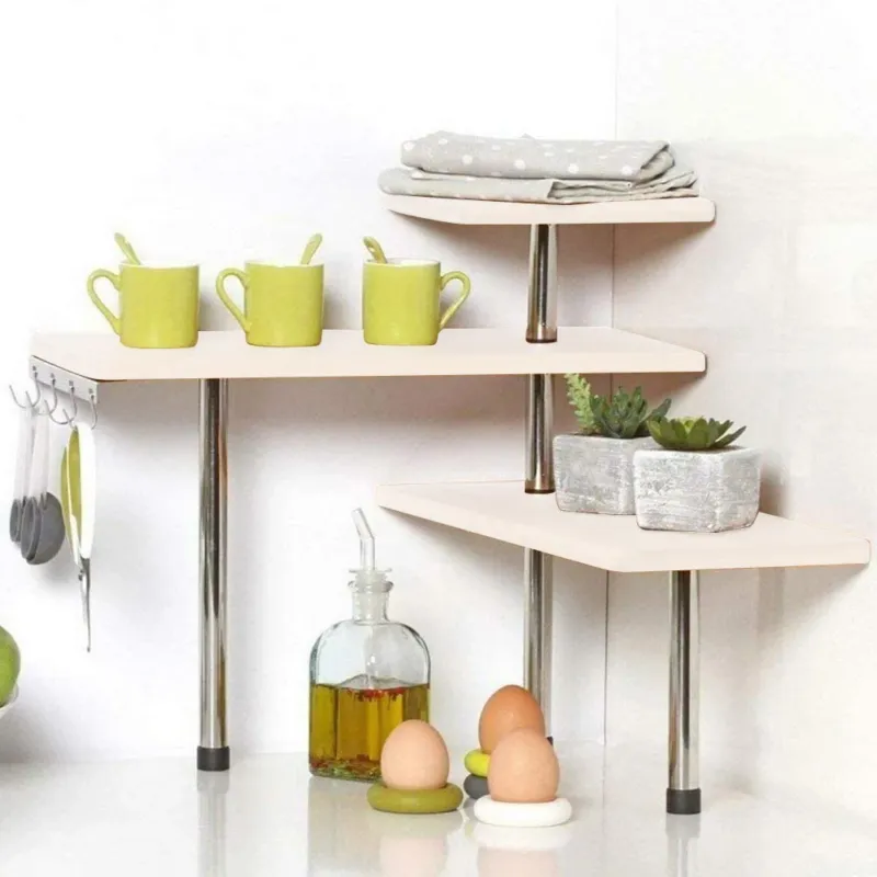 Miglior Prezzo Mensola Scaffale Angolare Cucina 3 Ripiani Legno Bambu e Acciaio Mobile Angolare