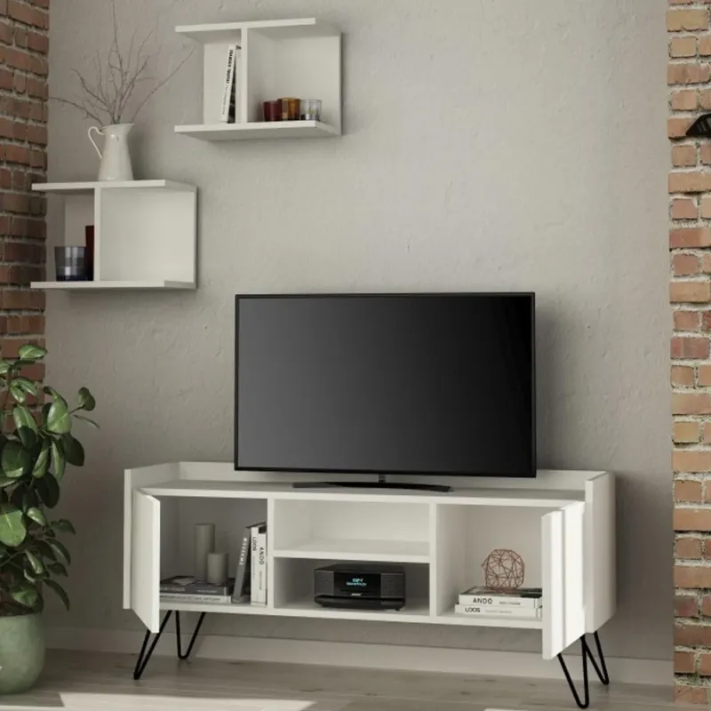 Direttamente Dal Produttore Parete Attrezzata Mobile Mobiletto TV Moderno con 2 Mensole in Legno MDF Bianco