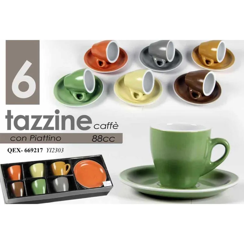 Servizio Set 6 Tazzine da Caffe Tazzina in Ceramica con Piattino Multicolor 88ml Ultime Pezzi