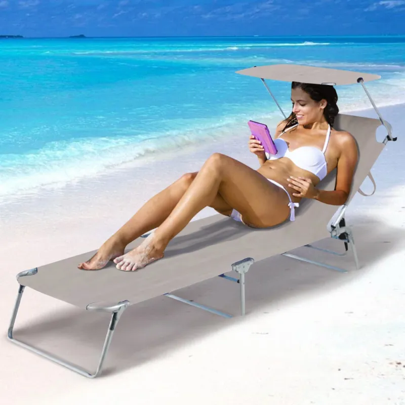 Offerta Speciale Lettino Prendisole Pieghevole Mare Spiaggia Sdraio con Tettuccio Parasole Grigio