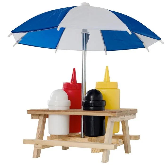 Offerta Set Porta Condimenti 4 Pezzi Con Tavolino in Legno e Ombrellone Pic Nic Blu