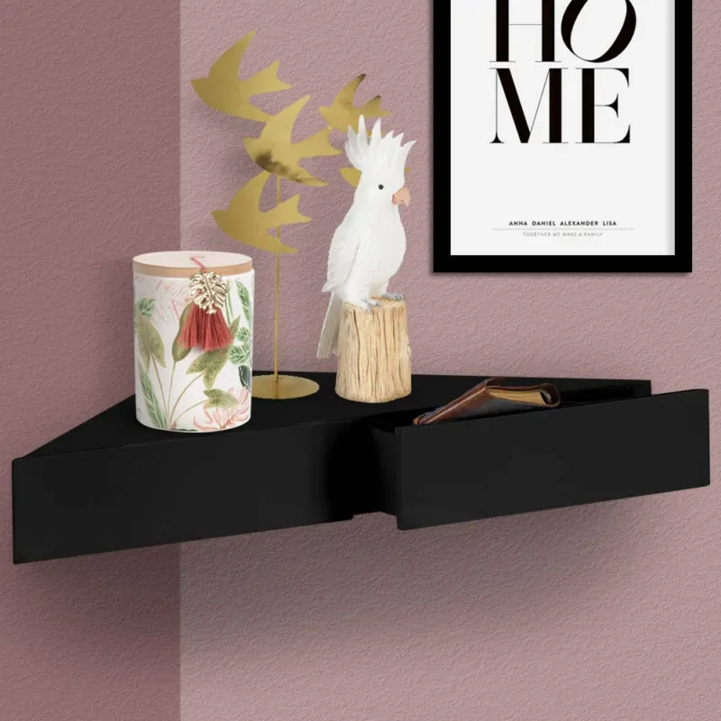 Offerta Speciale Mensola Doppio Cassetto Angolo Sospeso Parete Scaffale Angolare Legno MDF Nero