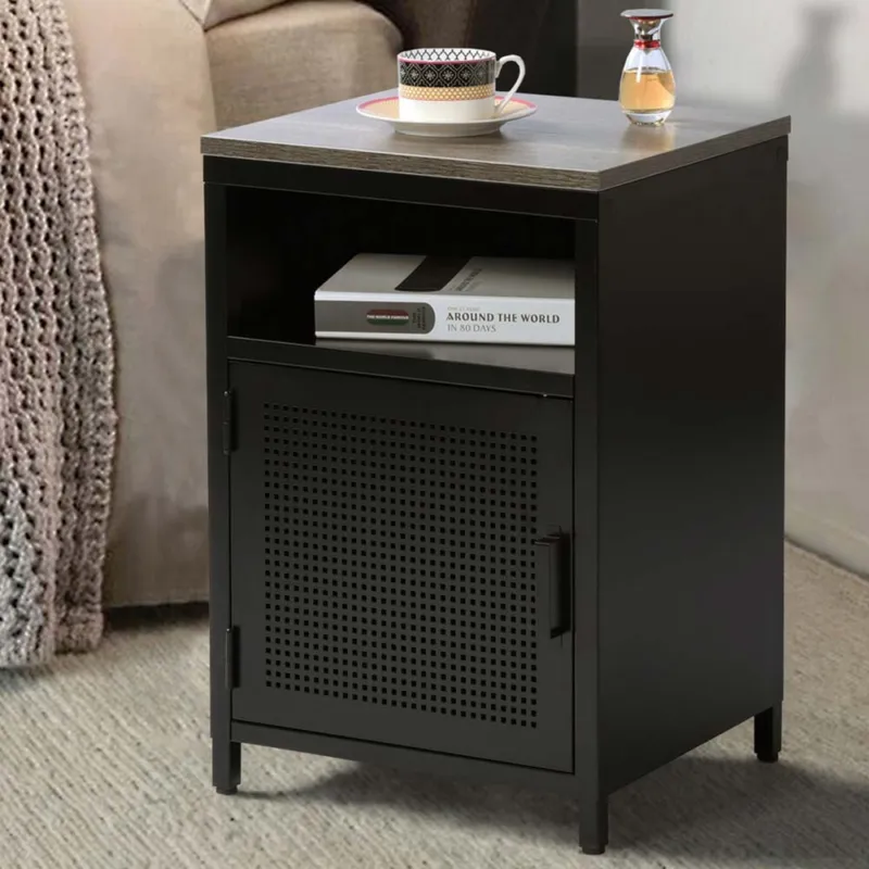 Ultimissimo Modello Mobiletto Armadietto Comodino in Metallo e Legno MDF 2 Ripiani con Anta Nero