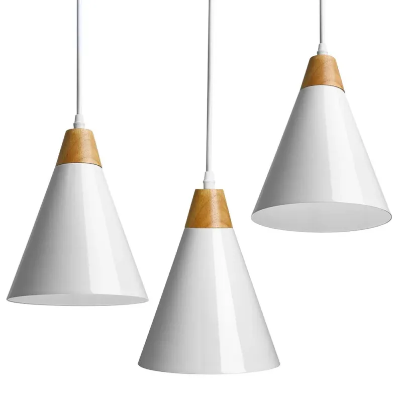 Prezzo Ridotto Set 3 Lampadari Sospensione Moderno Design Lampada Metallo Legno Bianco E27