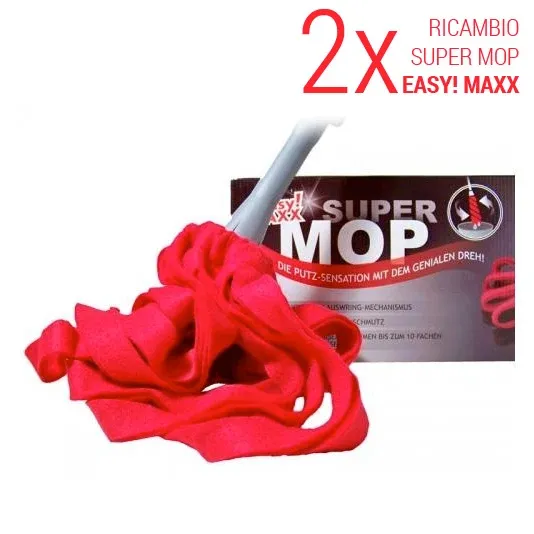 Nuova Collezione Set 2 Pezzi Ricambi Super Mop EASY MAXX Rosso Mocio Lavapavimenti Pulisci Casa