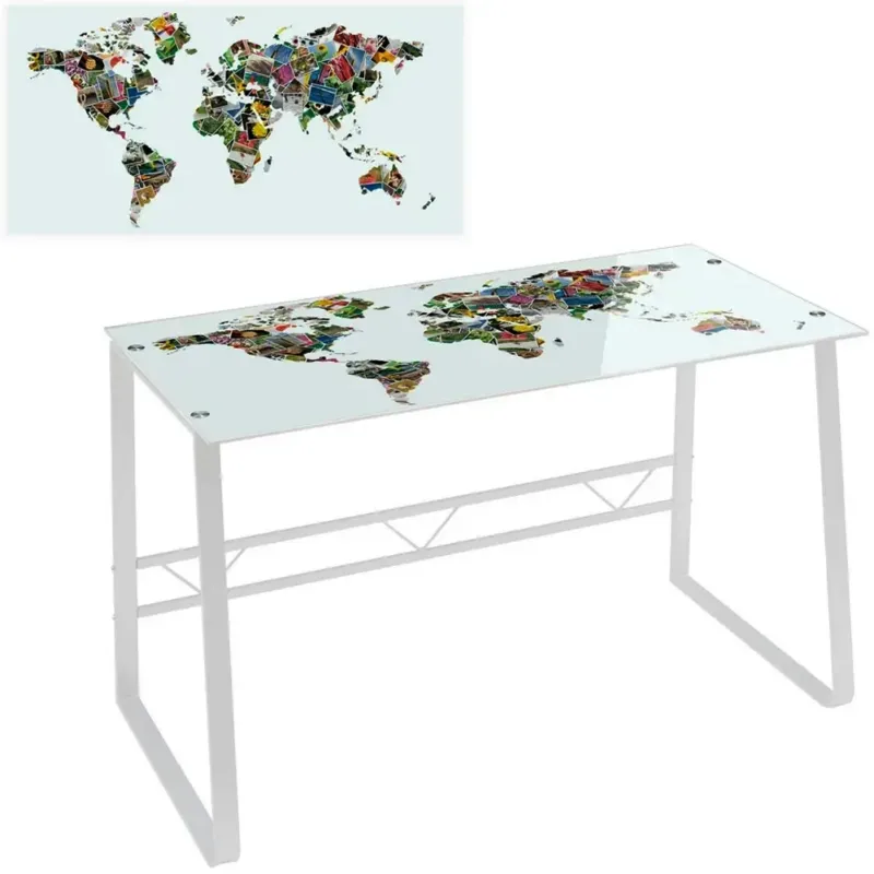 Scrivania Tavolo Bianco con Piano Vetro Temperato Stampa Mappamondo 120x60x75 cm Di Tendenza