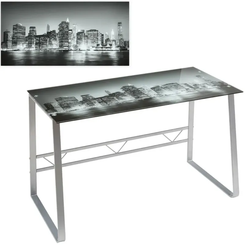 Prezzo Basso Scrivania Tavolo Grigio con Piano in Vetro Temperato Stampa Città 120x60x75 cm
