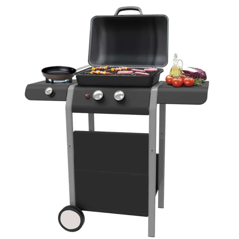 Promo Stagionale Barbecue a Gas 2 Bruciatori Griglia BBQ con Piano Laterale Fornello e Ruote 5kw