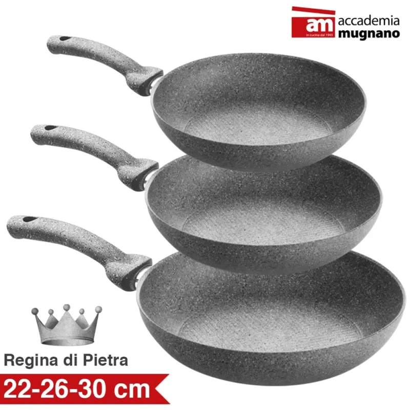 Promozione Esclusiva Set 3 Padelle in Pietra Antiaderenti Regina di Pietra Accademia Mugnano 22-26-30