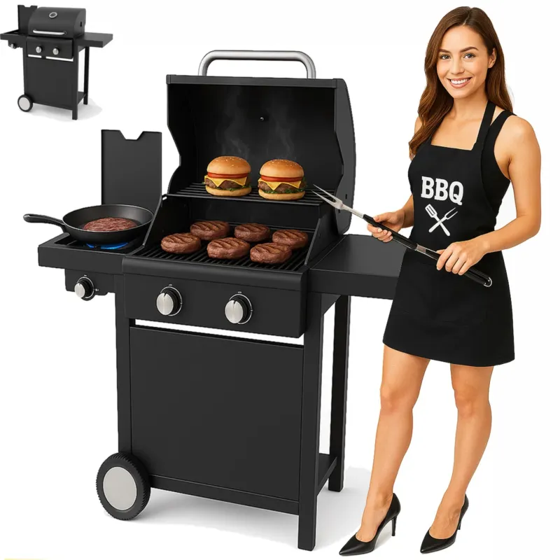 Barbecue a Gas Pietra Lavica BBQ 2 Fuochi con fornello laterale 110x107x50 cm Reso Gratuito