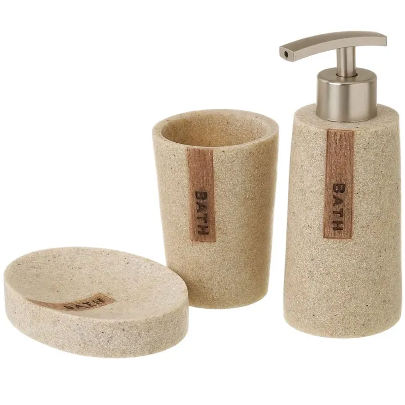 Set da Bagno con Dispenser Porta Sapone Bicchiere Portaspazzolino Effetto Pietra Nuova Collezione